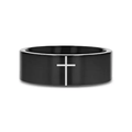 MINIMALIST CROSS Laser Engraved on Flat Black Tungsten Carbide Ring