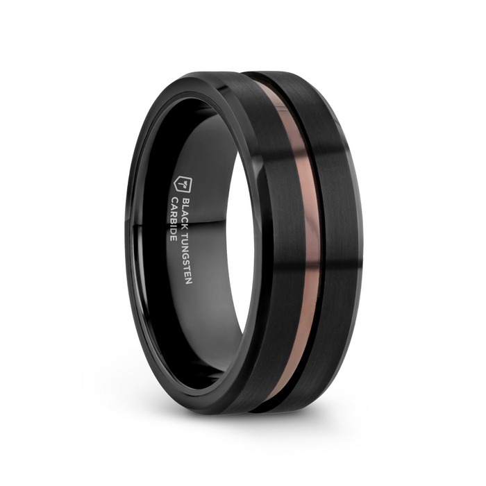NEVAN Flat Brushed Black Tungsten Men’s Wedding Band with Espresso Groove Center - 8mm