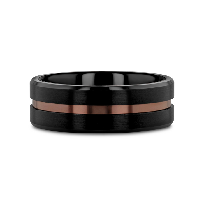 NEVAN Flat Brushed Black Tungsten Men’s Wedding Band with Espresso Groove Center - 8mm