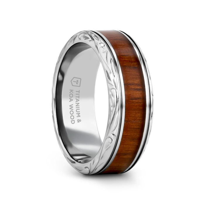 OHANA Koa Wood Inlaid Titanium Men’s Wedding Ring with Intricate Edges - 6mm - 10mm