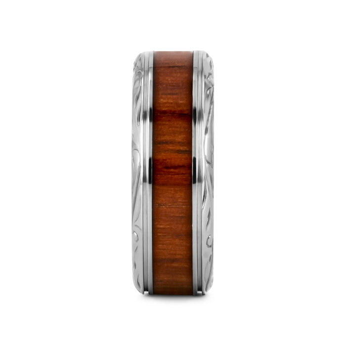 OHANA Koa Wood Inlaid Titanium Men’s Wedding Ring with Intricate Edges - 6mm - 10mm