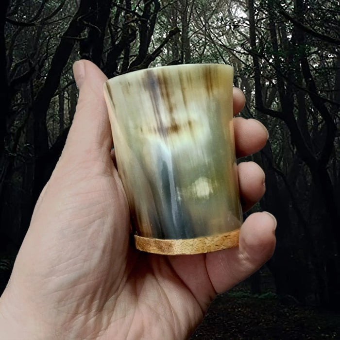Handmade Cow Horn Dice Shaker / Shot Cups with Hard Wood Base in Hand