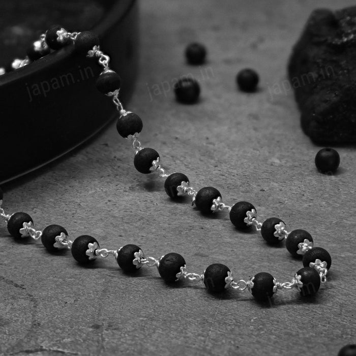 Pure 92.5 Sterling Silver Karungali Mala - Natural Ebony Wood