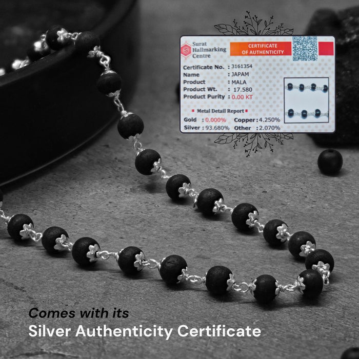 Pure 92.5 Sterling Silver Karungali Mala - Natural Ebony Wood