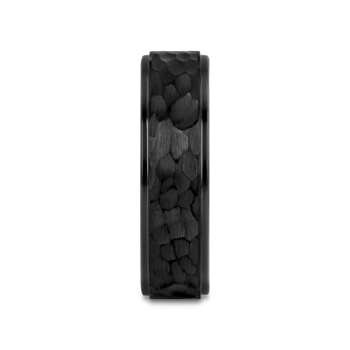 REBEL Raised Hammer Finish Step Edge Black Tungsten Carbide Wedding Band with Brushed Finish - 6mm or 8mm