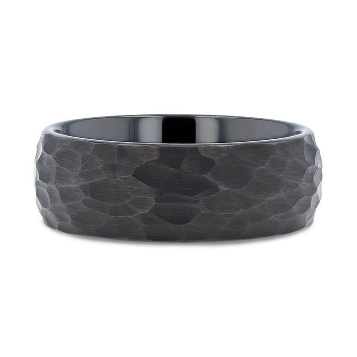 RENEGADE Domed Hammer Finish Black Tungsten Carbide Wedding Band with Brushed Finish - 6mm or 8mm
