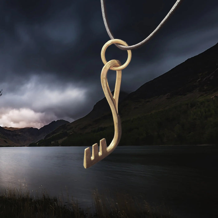 Replica Viking Grave Find Large L-Shaped Key Pendant - Bronze on Leather Cord - Angle View