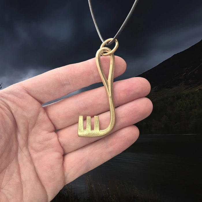 Replica Viking Grave Find Large L-Shaped Key Pendant - Bronze on Leather Cord, on Hand