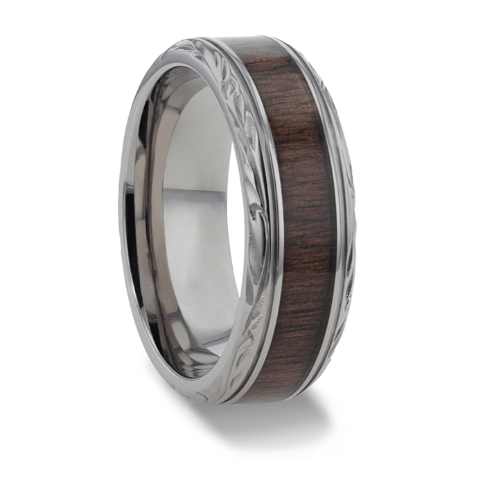 ROSENTRA Rosewood Inlay with Intricate Beveled Edges Titanium Polished Wedding Ring - 8mm