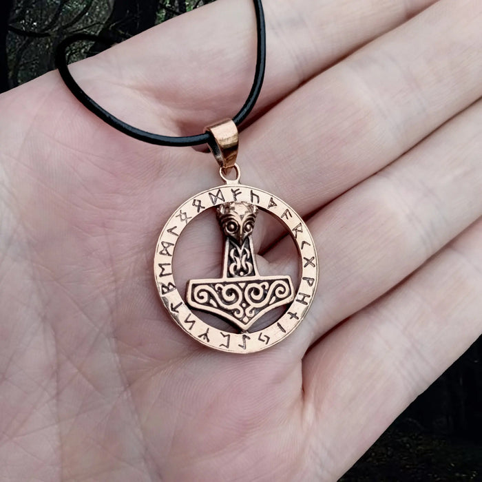 Round Bronze Runic Thors Hammer Viking Pendant on Hand - Viking Jewelry