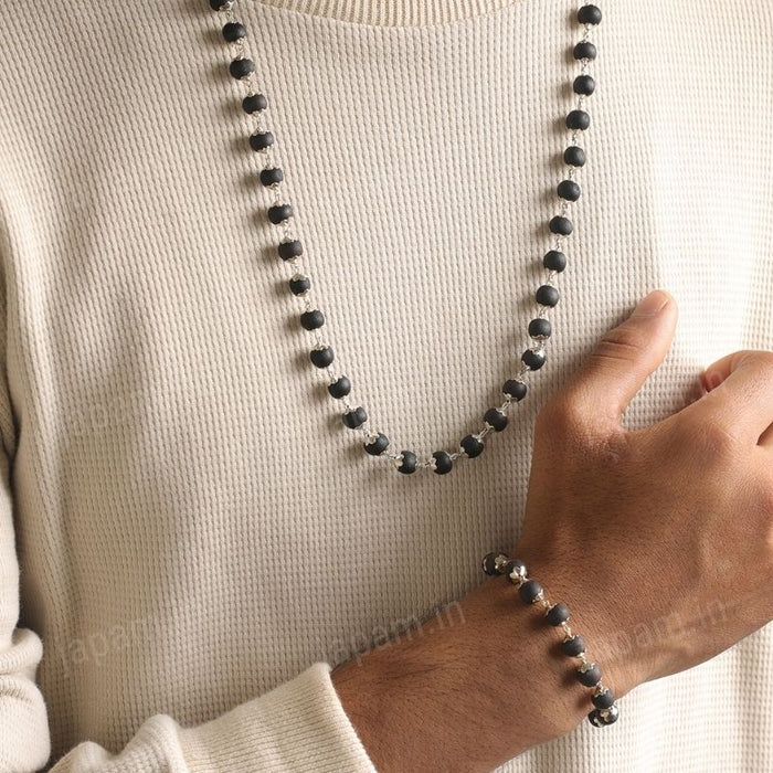 Silver Plated Karungali Mala + Karungali Bracelet Combo For Men