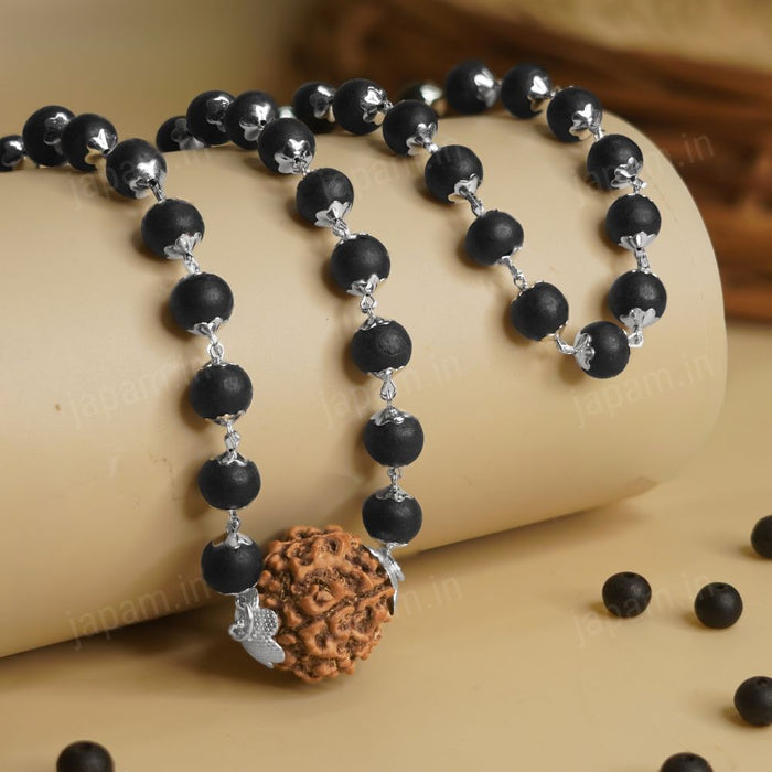 Silver Plated Karungali Mala with 12MM Rudraksha Bead