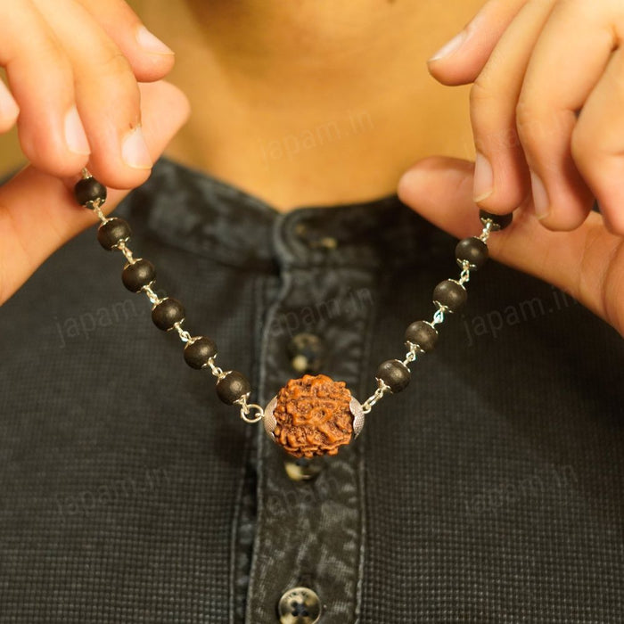 Silver Plated Karungali Mala with 12MM Rudraksha Bead