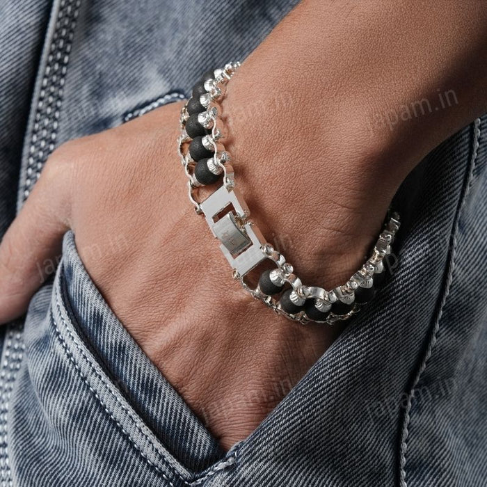 Silver Plated Karungali Modern Bracelet - Natural Ebony Wood