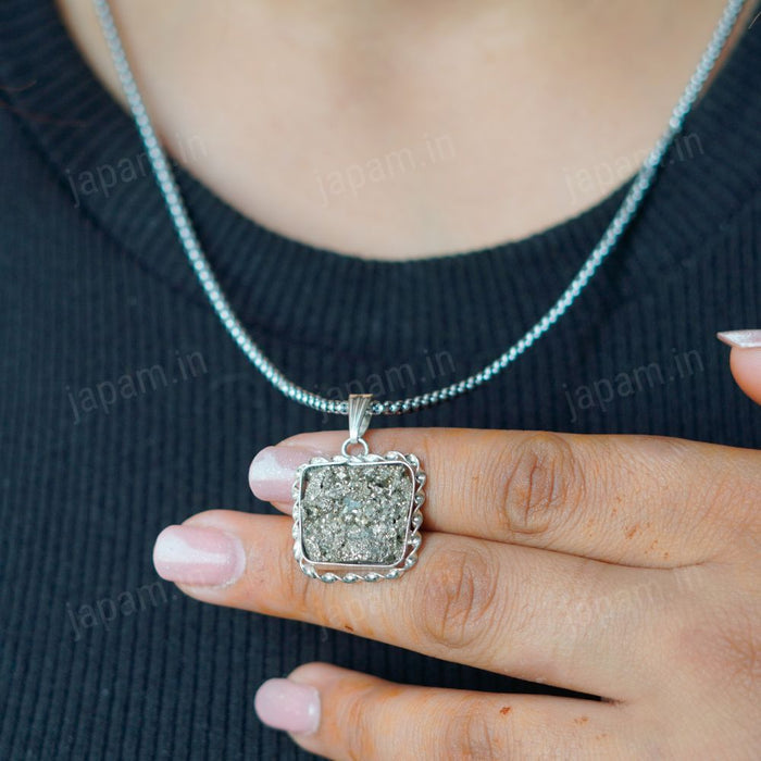 Silver Plated Raw Pyrite Stone Pendant