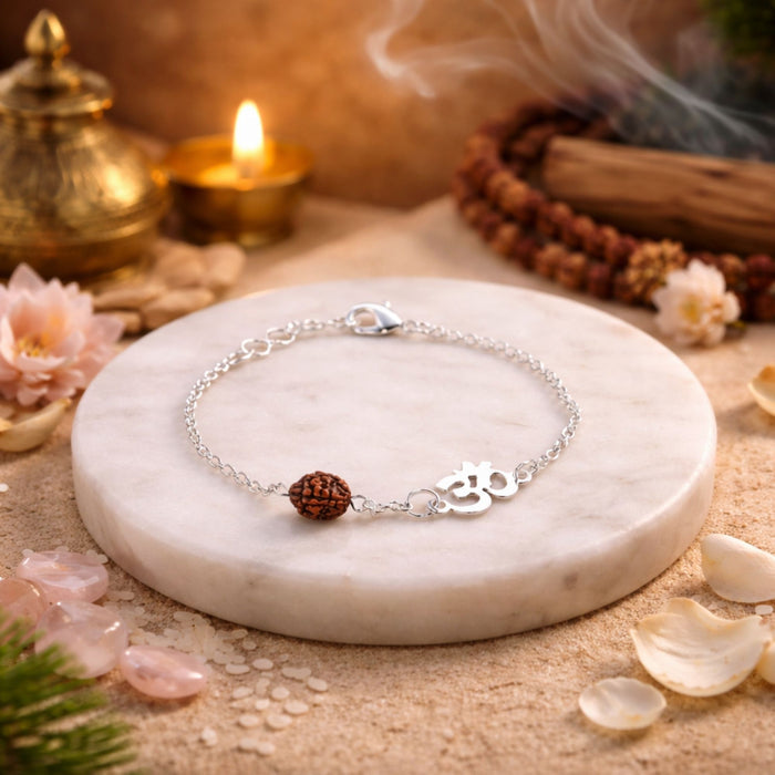 Silver Plated Rudraksha Om Bracelet