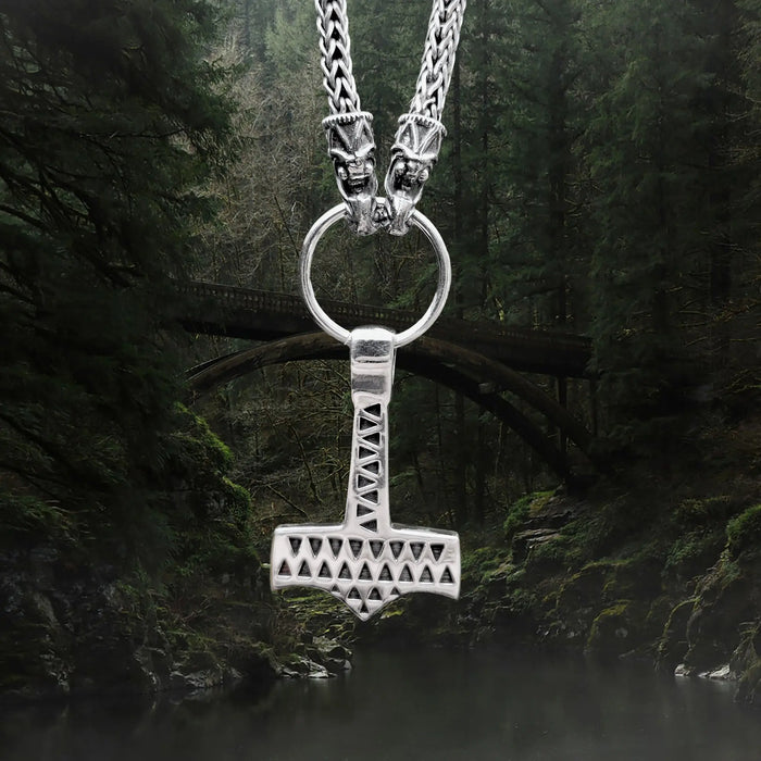 Silver Viking Thor's Hammer Pendant Replica Covered in Embossed Triangular Designs from Vålse, Denmark, 10th Century on Silver Split Ring and 5mm Silver Gotland Dragon Heads Snake Chain Necklace
