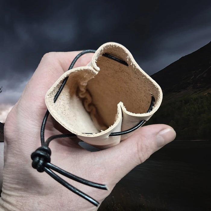 Natural Veg-Tan Leather Viking Pouch with Leather Drawstring Tie in Hand - Inside View