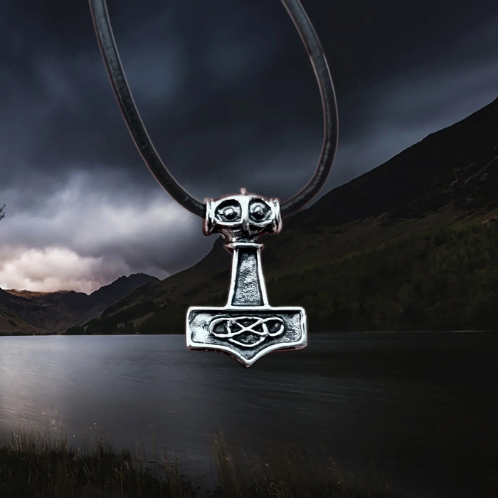 Small Silver Thunder Thors Hammer Viking Pendant on Leather Thong
