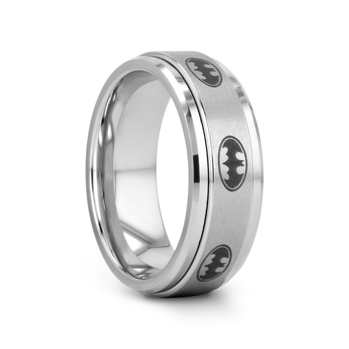 Spinning Engraved Batman Logo Tungsten Carbide Spinner Wedding Band - 8mm