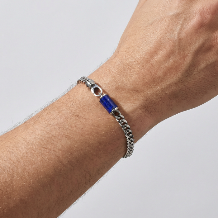 Stainless Steel Bracelet With Lapis Inlay - 9 Inch