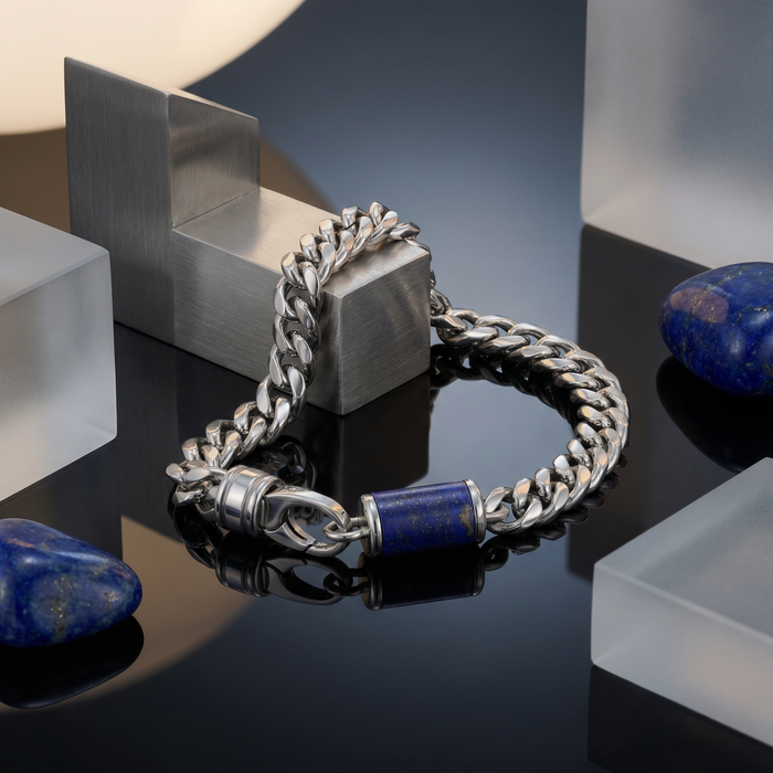 Stainless Steel Bracelet With Lapis Inlay - 9 Inch