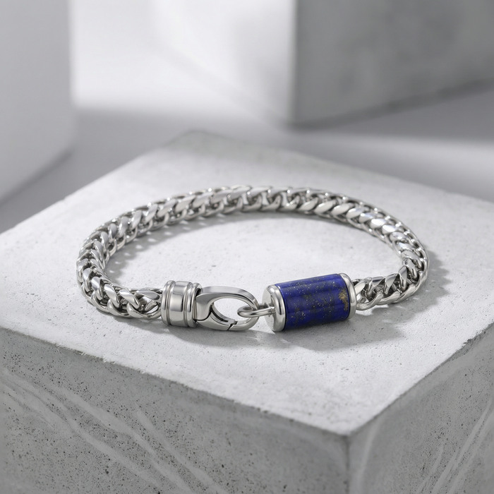 Stainless Steel Bracelet With Lapis Inlay - 9 Inch