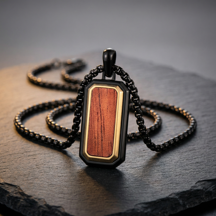 Stainless Steel Pendant with Bubinga Wood Inlay with 22in Matching Chain
