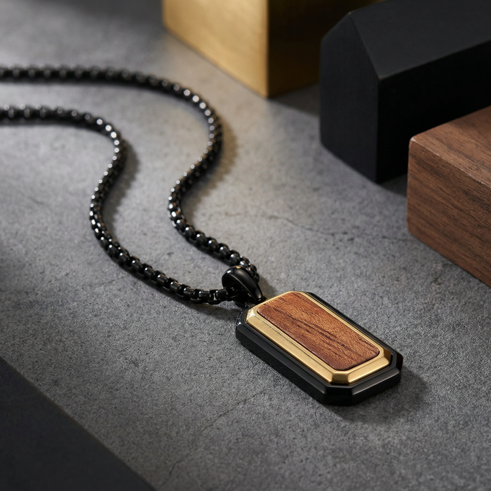 Stainless Steel Pendant with Bubinga Wood Inlay with 22in Matching Chain