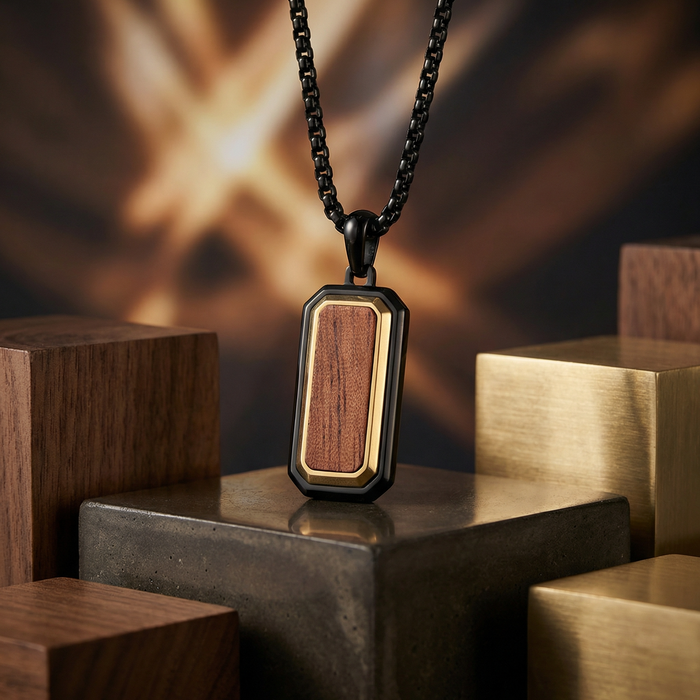Stainless Steel Pendant with Bubinga Wood Inlay with 22in Matching Chain