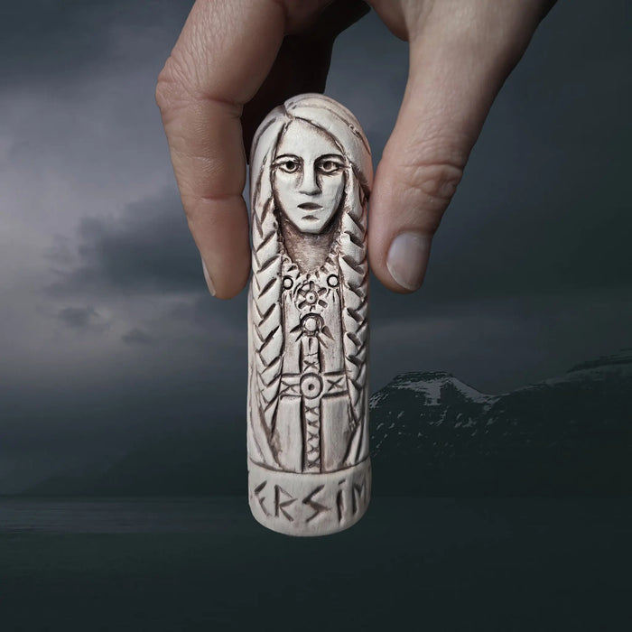 Statuette of the Norse Goddess Gersimi (Gersemi) in Hand-Crafted Clay with Hand for Scale