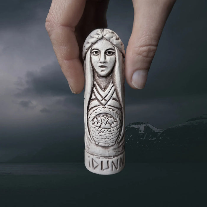 Hand-Crafted Ceramic Norse Goddess Idunn Statuette in Hand for Scale