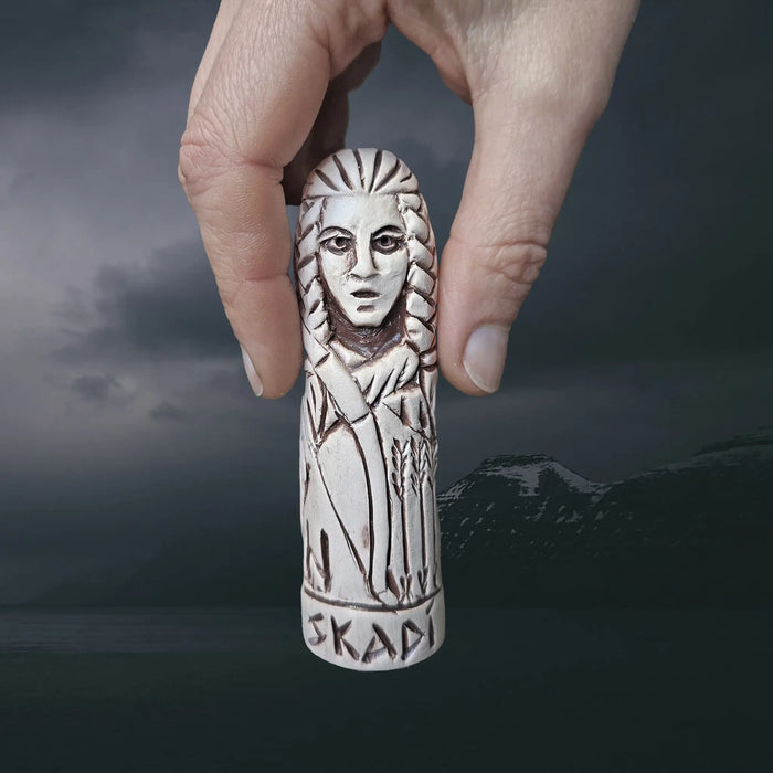 Statuette of the Norse Goddess Skadi in Hand-Crafted Clay with Hand for Scale