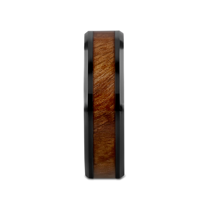 THRACIAN Carpathian Wood Inlaid Black Ceramic Ring with Bevels - 6mm & 8mm