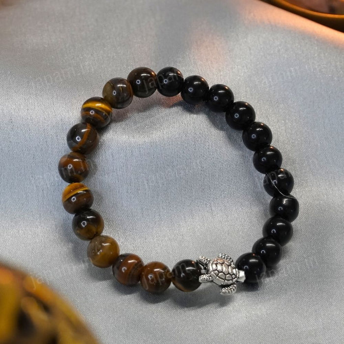 Tiger Eye & Black Obsidian Turtle Good Luck Band