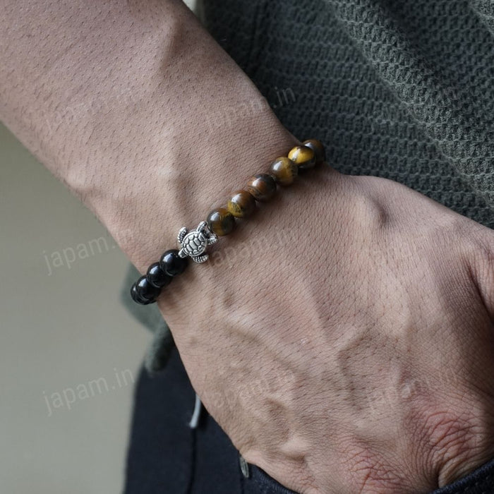 Tiger Eye & Black Obsidian Turtle Good Luck Band