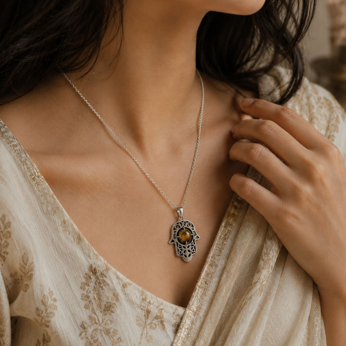 Tiger Eye Hamsa Hand Necklace