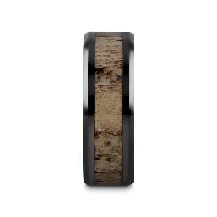 TRES Beveled Black Ceramic Polished Men's Wedding Band with Ombre Antler Inlay - 8mm