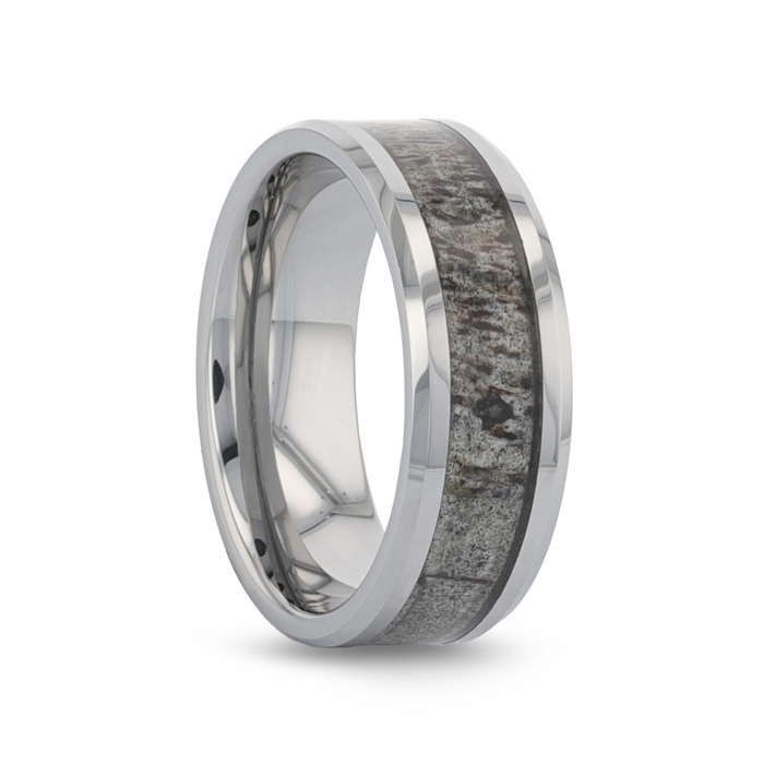 VENADO Beveled Tungsten Carbide Polished Men's Wedding Band with Variable Antler Inlay - 8mm