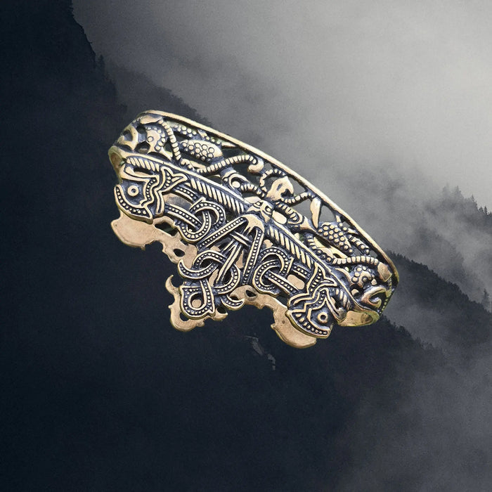 Viking Age Bronze Replica Viking Scabbard Mouth from Dybek, Skåne, Sweden - Angle View
