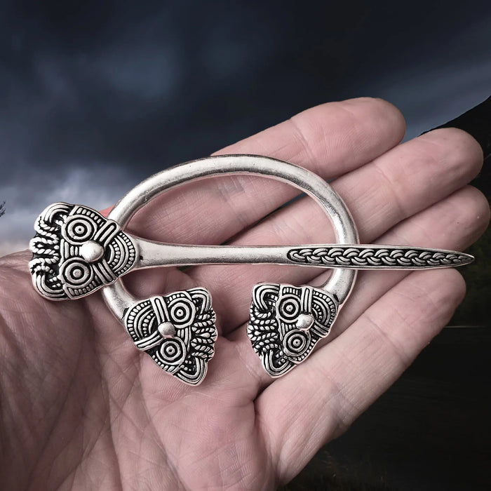 Viking Age Replica - Silver Plated Danish Cloak Pin with Viking Heads The Viking Dragon