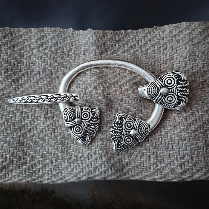 Viking Age Replica - Silver Plated Danish Cloak Pin with Viking Heads The Viking Dragon