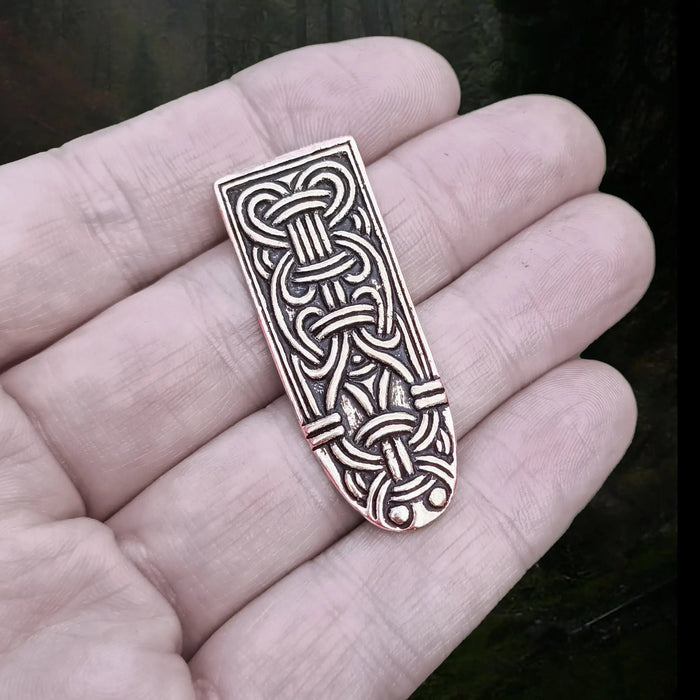 Bronze Borre Style Birka Viking Strap End on Hand