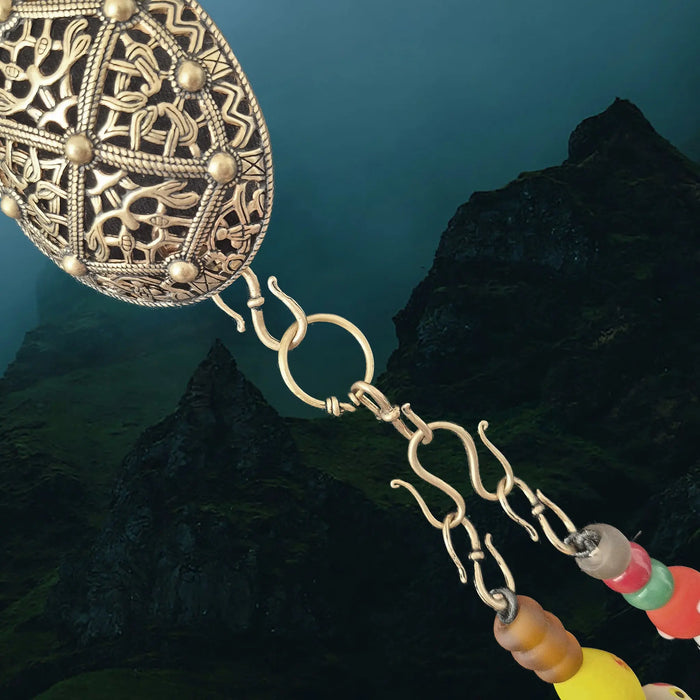 Viking Age Replica Bronze Chain / Bead Distributor with Bronze S Hooks, Glass Viking Beads and Bronze Viking Tortoise Brooch