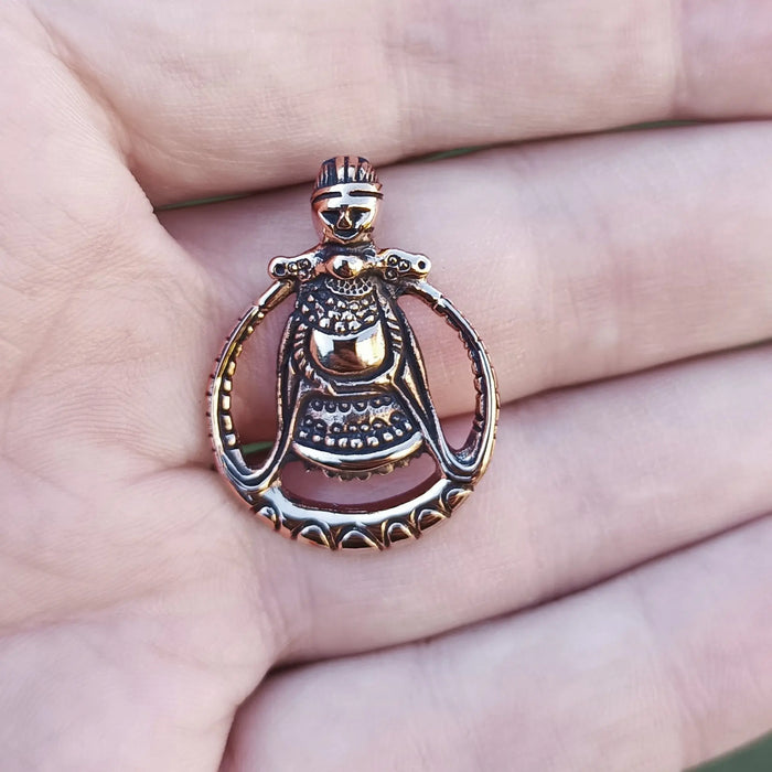 Bronze Circular Freya Pendant on Hand