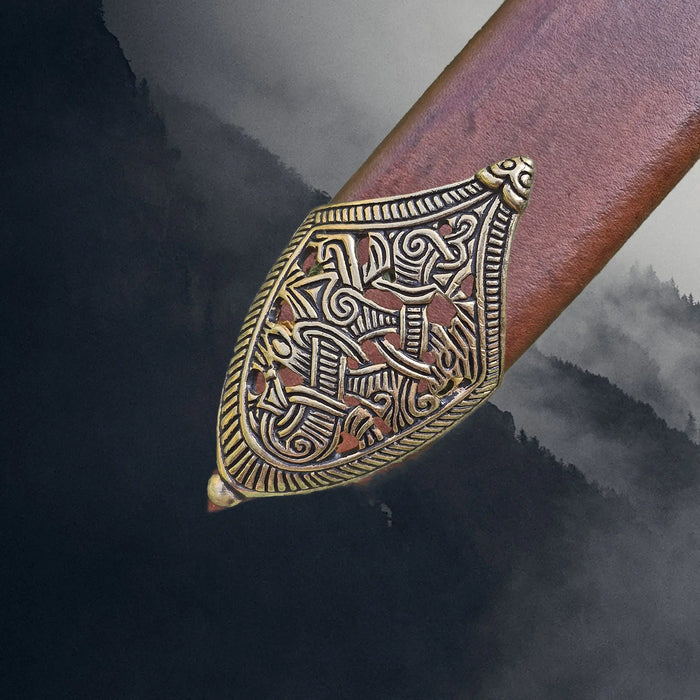 Viking Age Replica Bronze Jelling Style Scabbard Chape on Brown Leather Scabbard