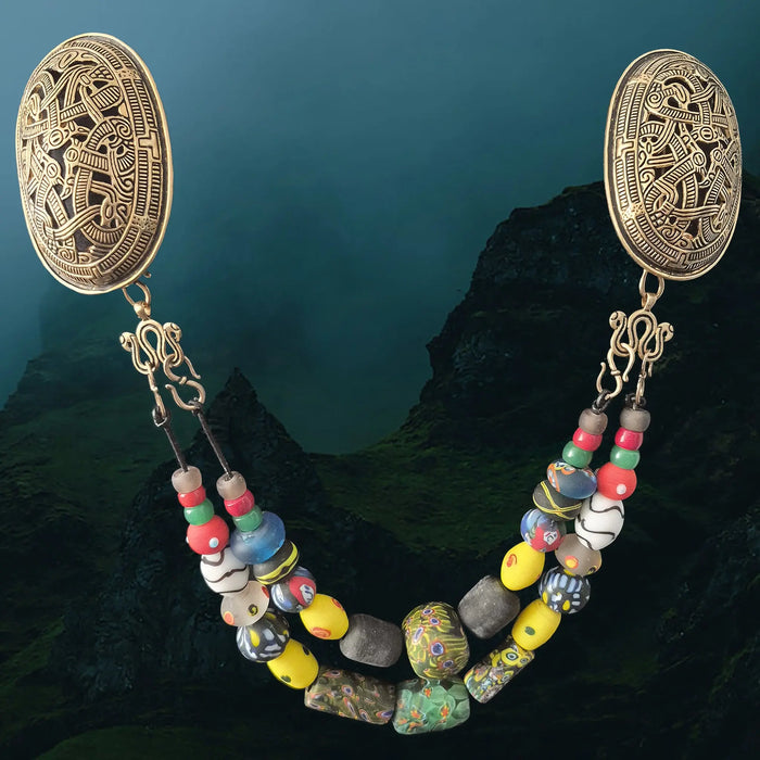 Viking Age Replica Bronze Serpent Bead Dividers from Sweden with Bronze Hooks, Glass Viking Beads and Bronze Jelling Tortoise Brooches for Functional Display