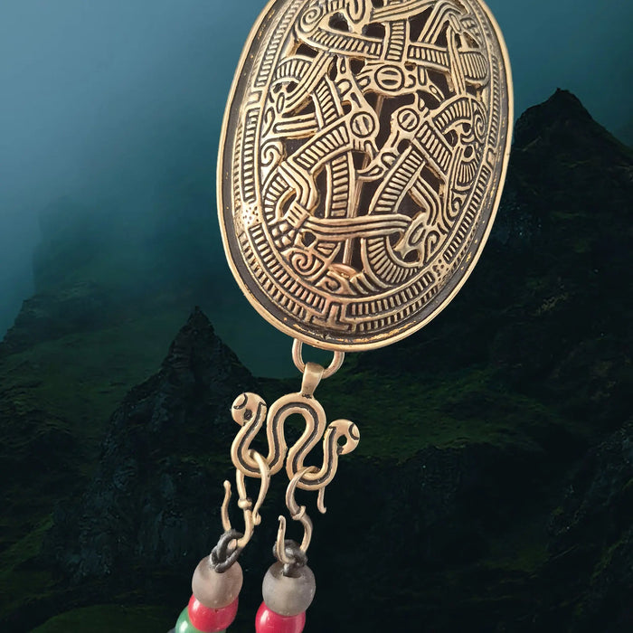 Viking Age Replica Bronze Serpent Bead Divider from Sweden with Large Bronze Hooks, Glass Viking Beads and Bronze Jelling Tortoise Brooch - Close Up