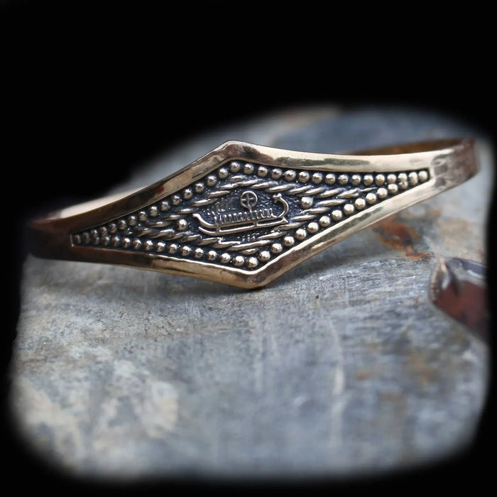 Viking Longship Bracelet in Solid Bronze on Rock  - Viking Jewelry