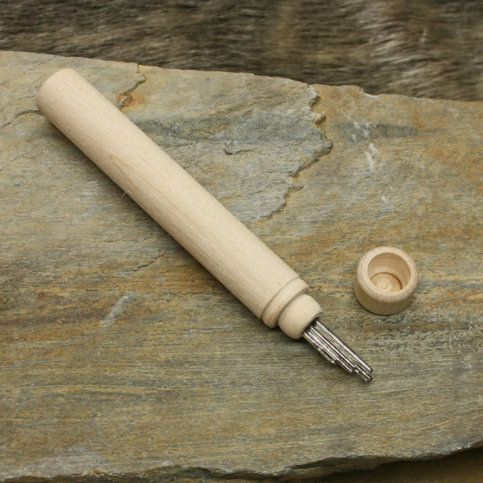 Long Wooden Viking / Medieval Needlecase on Rock with Needles